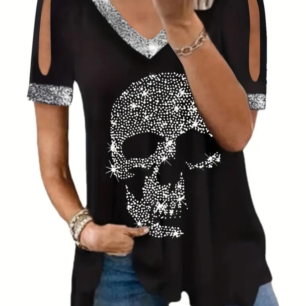 New Women's Fashion Rhinestone Skull Split Sleeve Top XL